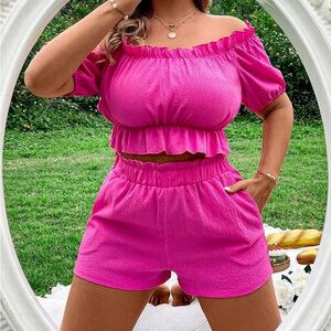 Women's Pink Off-Shoulder Shorts Set